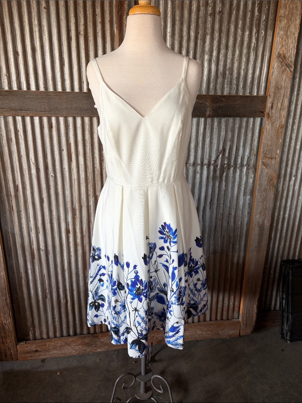 Ivanka Trump White Spaghetti-Strap Dress with Blue Floral Rhinestone Accents